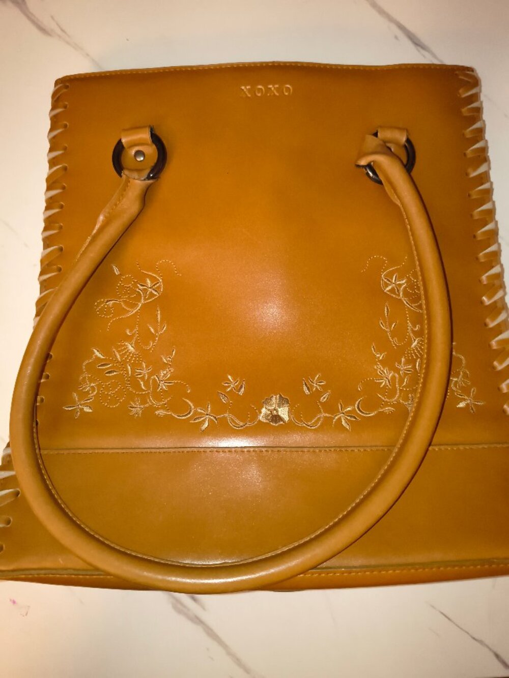 XOXO New York Camel Vinyl Tote Whipstitch Trim Y2K